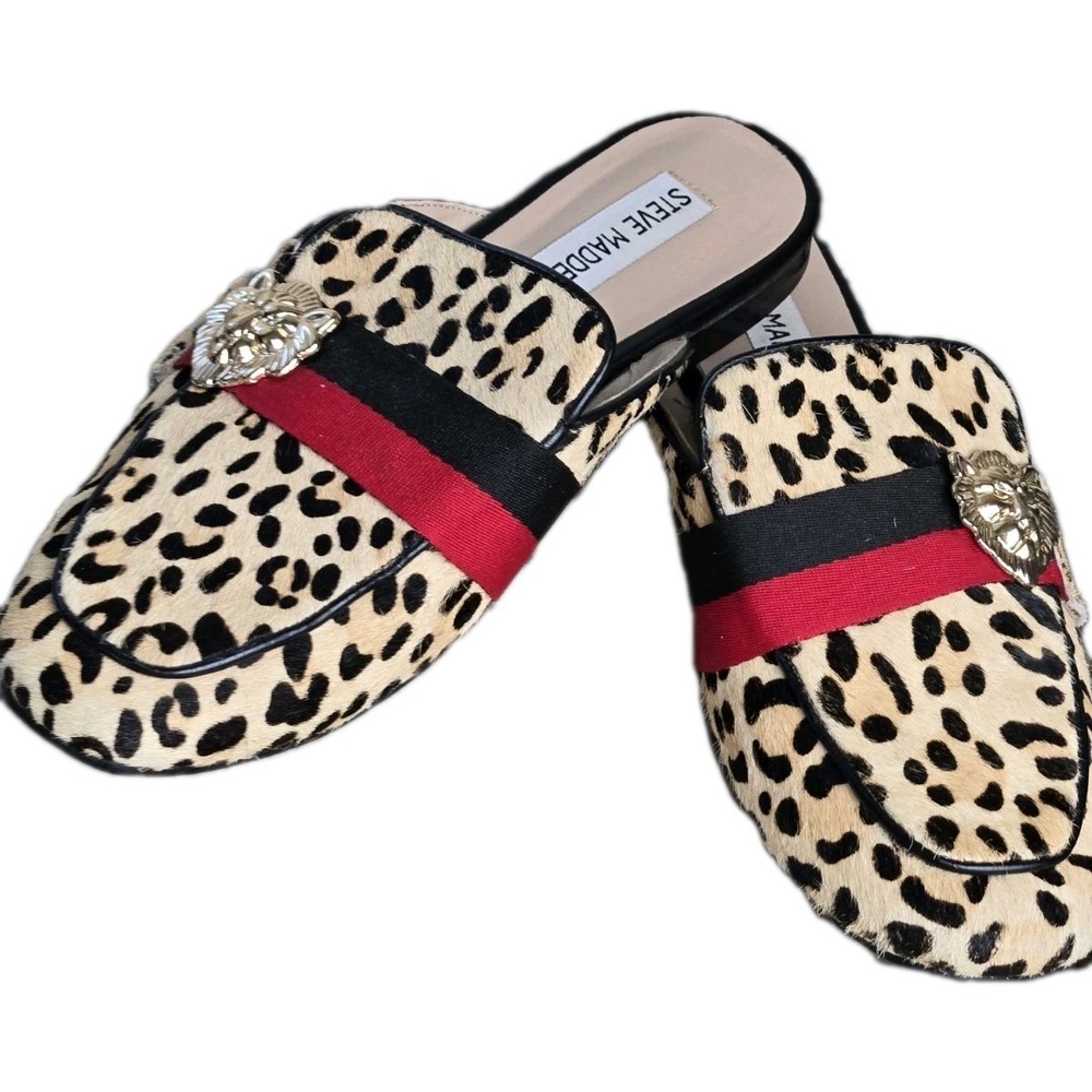 Steve Madden Karisma Leopard Cowhair Mules Sandal Logo Slides 6.5 M